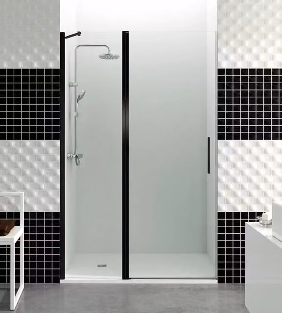 Box doccia frontale OPEN fisso 50 + porta battente 65 115 cm (112,5-115) nero opaco vetro trasparente