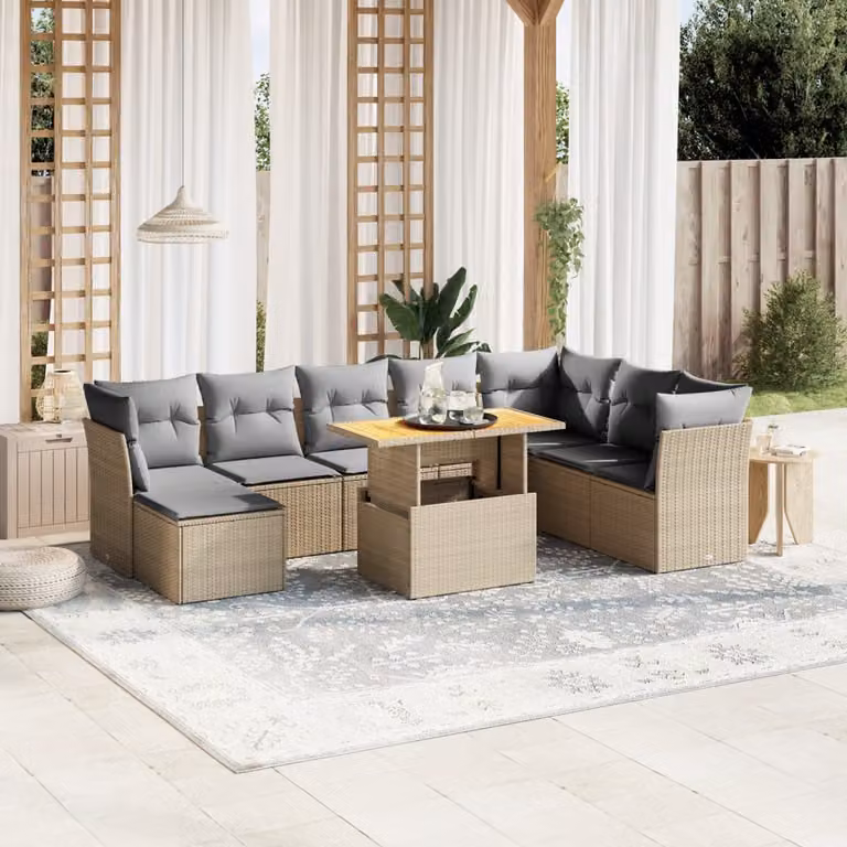 vidaXL Set Divano da Giardino 9 pz in Polyrattan con Cuscini Beige e Grigio