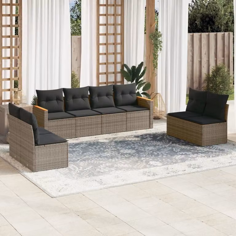 Set Divano da Giardino vidaXL 8 pz in Polyrattan Grigio con Cuscini e Forma a L