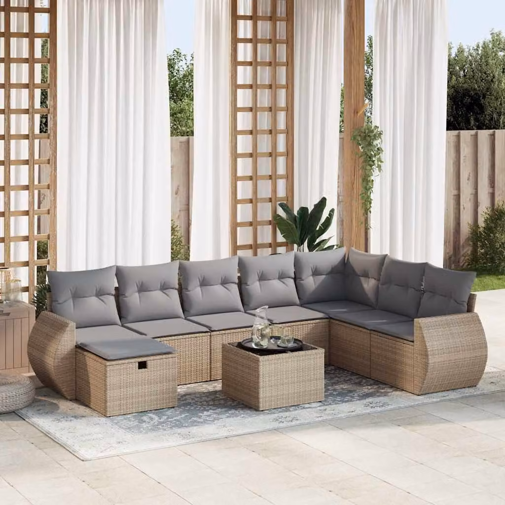 Set Divano da Giardino vidaXL 9 pz in Polyrattan Beige con Cuscini e Tavolino per Terrazza e Balcone