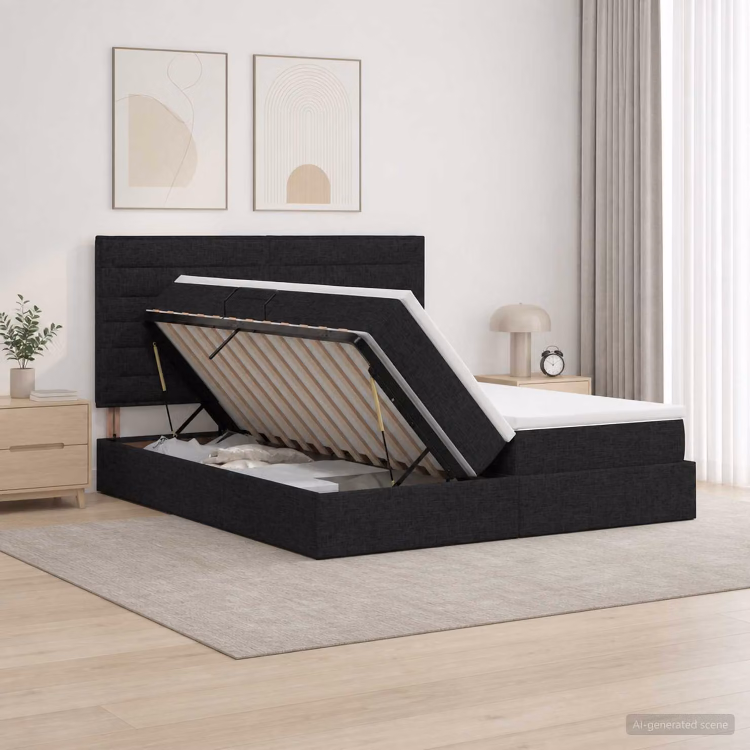 vidaXL Letto con Contenitore e Testiera in Tessuto Nero L: 180 cm, P: 200 cm, H: 140 cm