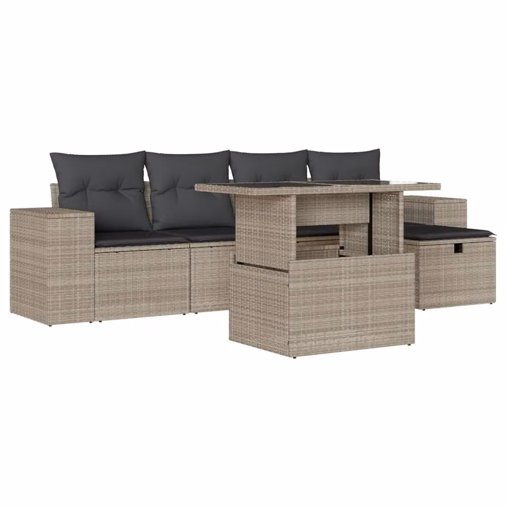 Set Divano da Giardino 6pz con Cuscini Grigio Chiaro Polyrattan