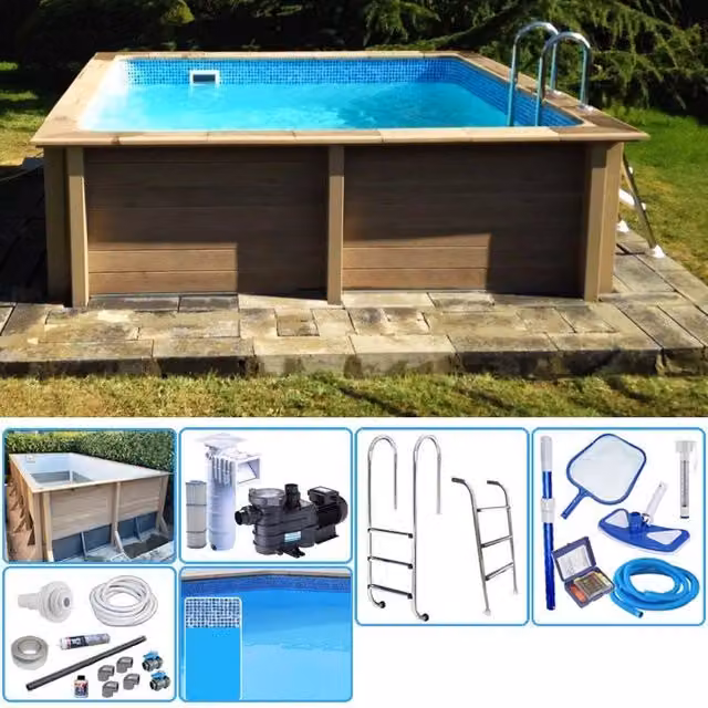 Piscina interrata NATURALIS in pietra ricostruita effetto legno blu e marrone L: 324 cm, P: 324 cm, H: 140 cm con filtrazione a cartuccia