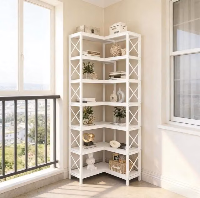 Scaffale angolare 117x29x30 cm bianco metallo e legno, 14 vani