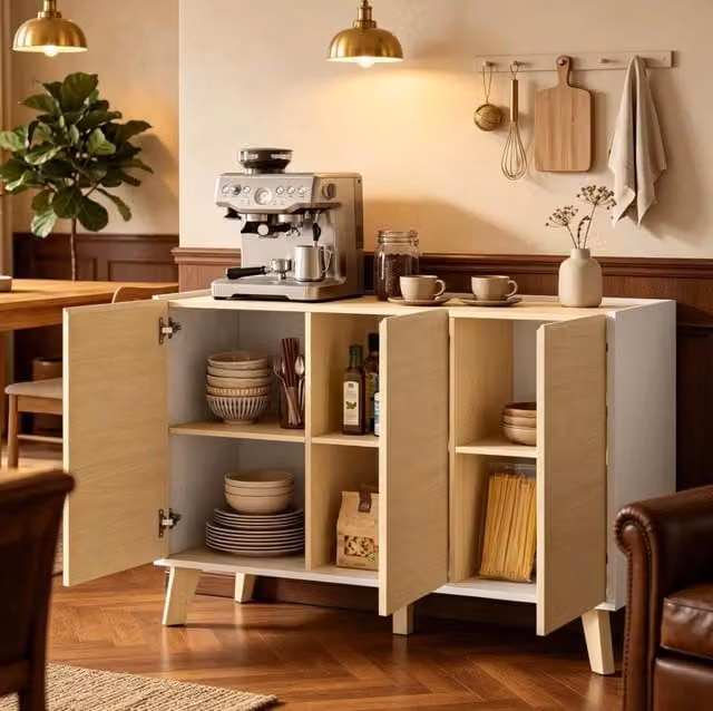 Buffet nordico bianco e legno naturale con 3 porte e 6 scomparti, 120x35x73,5 cm