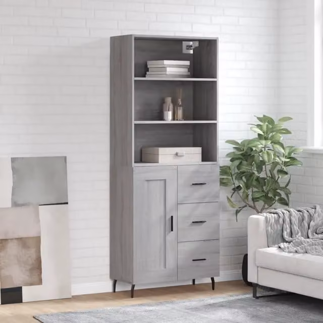 Credenza moderna vidaXL in legno e metallo, Grigio, L: 69,5 cm, P: 34 cm, H: 180 cm