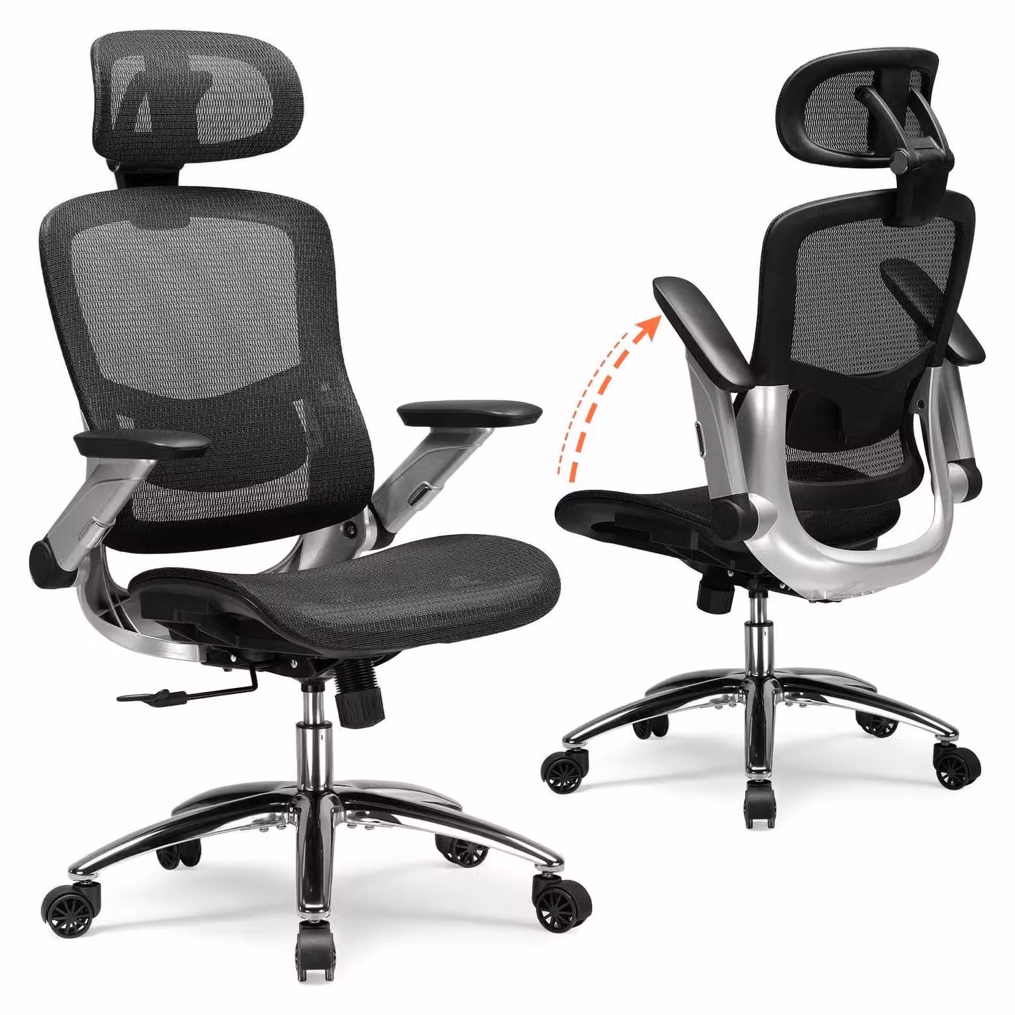 Sedia da ufficio - Modello CH405 - Sedia girevole ergonomica - Regolabile in altezza - Con braccioli e rotelle - Struttura in metallo - Nera