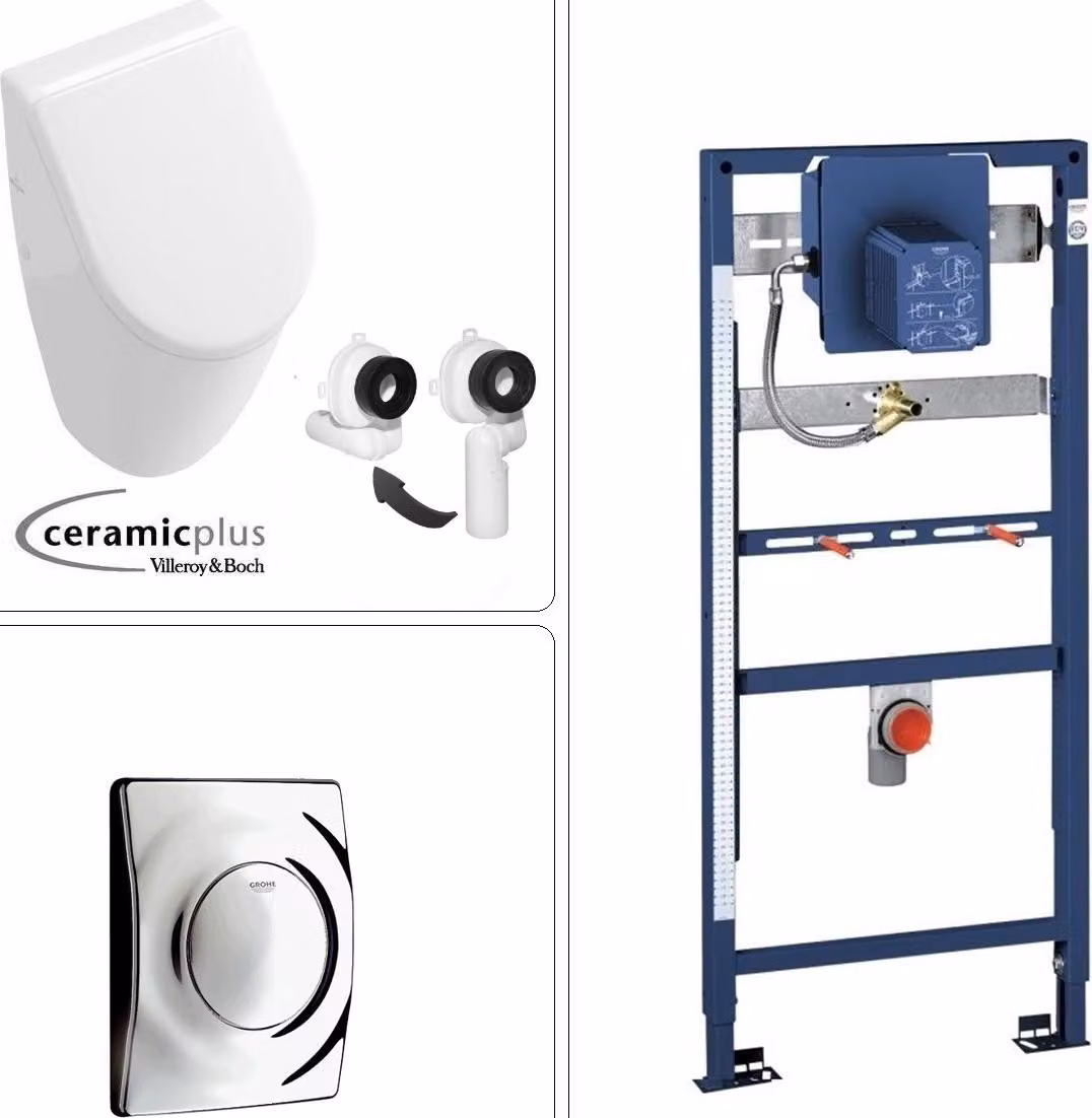 Orinatoio VILLEROY & BOCH SUBWAY con rivestimento CeramicPlus + coperchio SoftClose e telaio da incasso GROHE + piastra di risciacquo, cromo