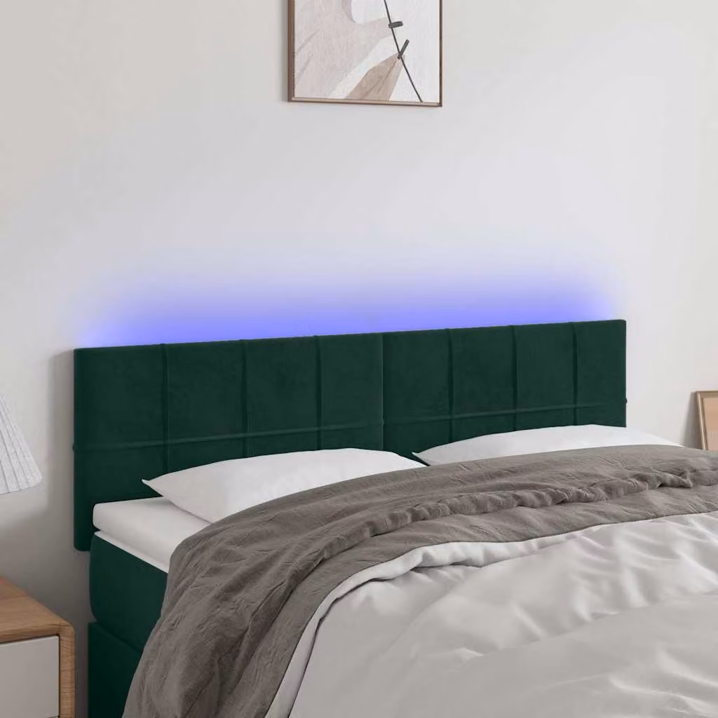 Testiera per letto vidaXL in velluto verde scuro con illuminazione LED integrata e porta di ricarica USB, L 144 x P 5 x H 78/88 cm