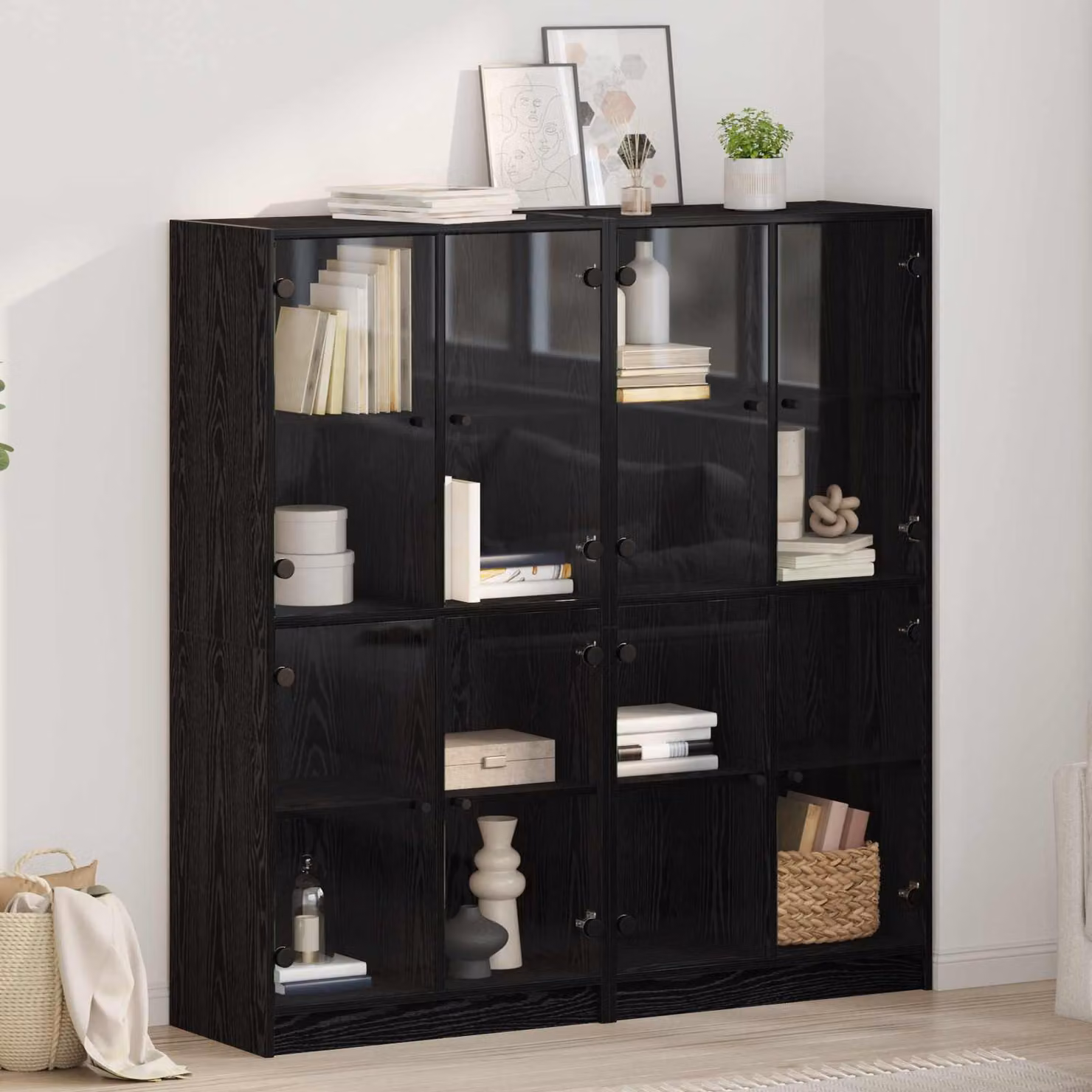 Set di 2 credenze moderne vidaXL in legno e metallo, colore nero, L 68 cm x P 37 cm x H 142 cm – 1