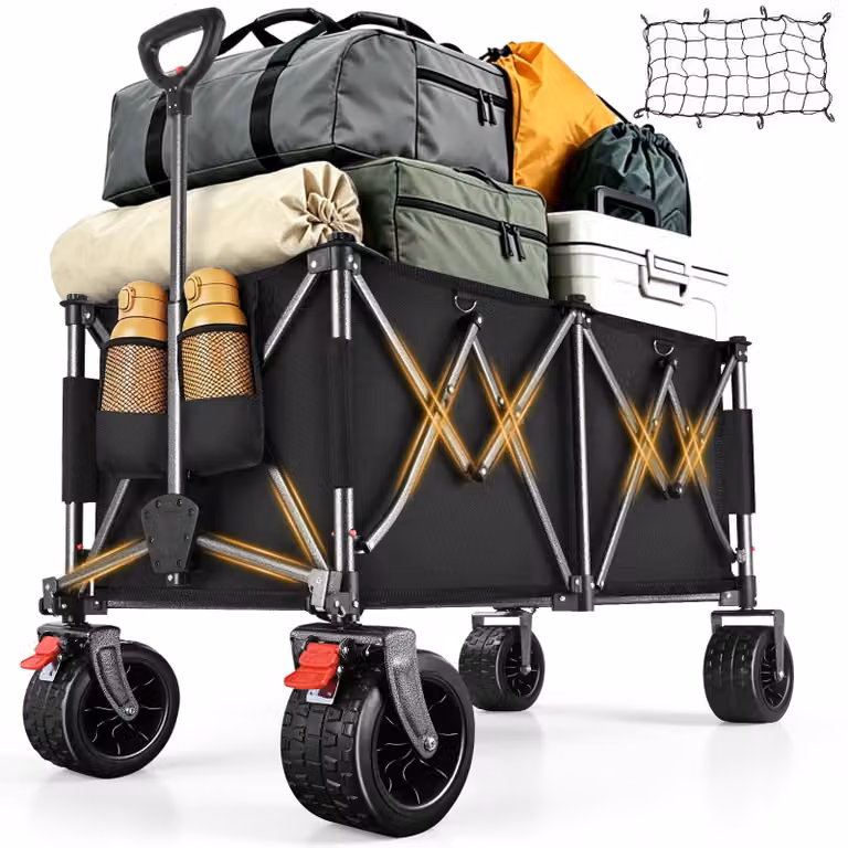 Carrello pieghevole – capacità 260 litri, portata massima 250 kg – include rete elastica protettiva, ideale per spiaggia e campeggio