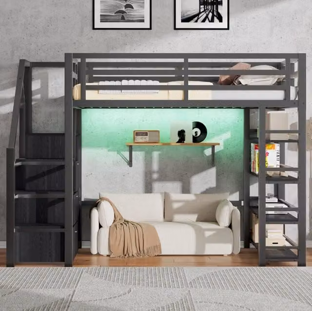 Letto a soppalco in metallo 140x200 cm con ripiani, armadio, scaletta contenitore e illuminazione LED, nero