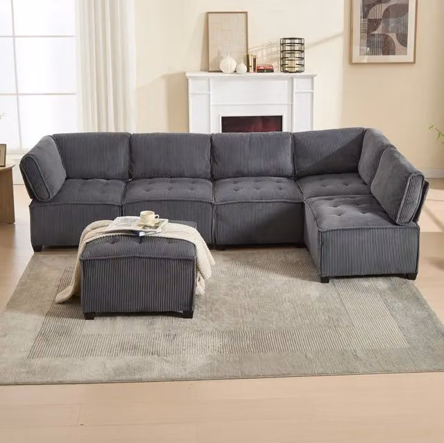 Divano modulare 6 posti 308 cm in velluto a coste grigio; configurabile HOMVRA
