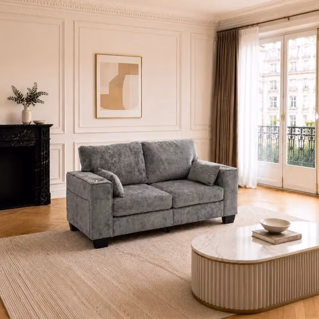 Divano a 2 posti con portabicchieri e tasche laterali in tessuto chenille grigio scuro per soggiorno 182 cm