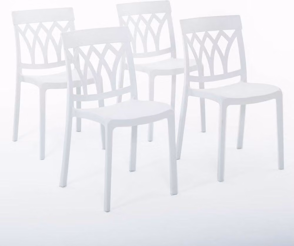 set di 4 sedie impilabili in polipropilene con fibra di vetro per uso esterno e giardino, bar e ristorante, cucina dal design moderno - EMMA - Bianco