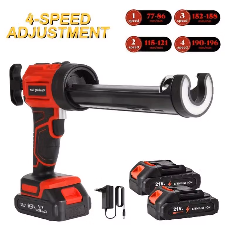 Pistola applicatrice di cartucce elettrica - Pistola applicatrice di sigillanti a batteria - 4 velocità - Senza fili - 2 batterie - Adatta per vetro, porte e finestre - Colore: rosso