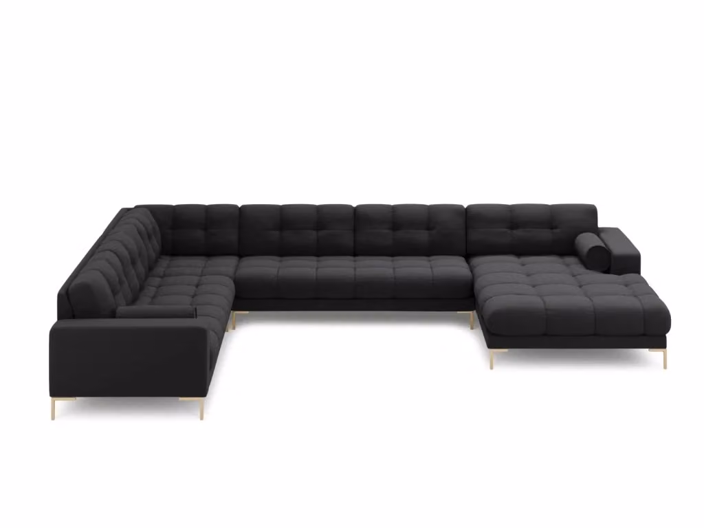 Divano panoramico sinistro Bali di Cosmopolitan Design, 7 posti in tessuto strutturato grigio scuro con dettagli oro, L 327 cm x P 134 cm x H 75 cm – 2