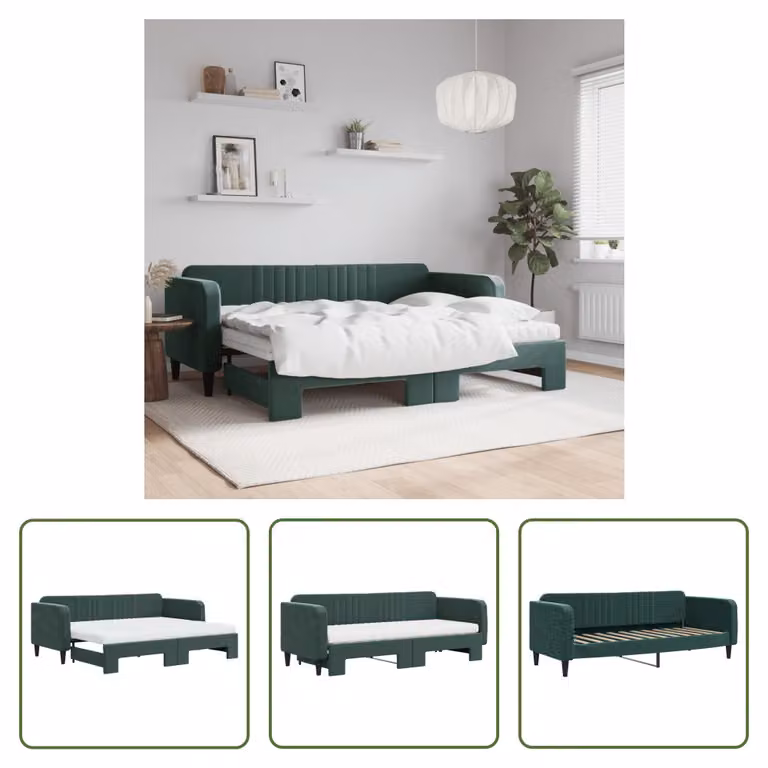 The Living Store Letto da giorno allungabile con materassi Verde scuro 80x200 cm in velluto