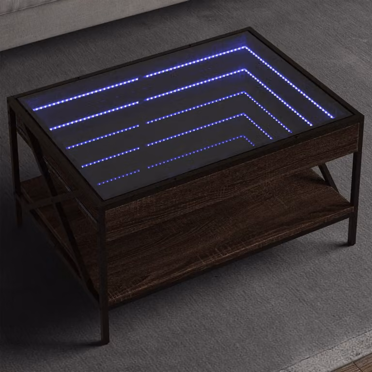 Tavolino da salotto vidaXL Infinity in rovere marrone con piano in vetro e illuminazione LED L: 70 cm, P: 50 cm, H: 38 cm