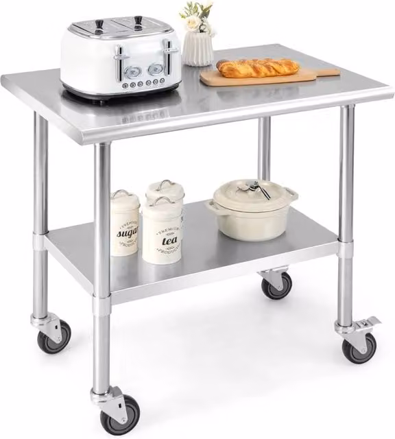 Costway Tavolo da lavoro in acciaio con 2 ripiani regolabili e ruote, Argento, L 91,5 cm x P 61 cm x H 89,5 cm – 1