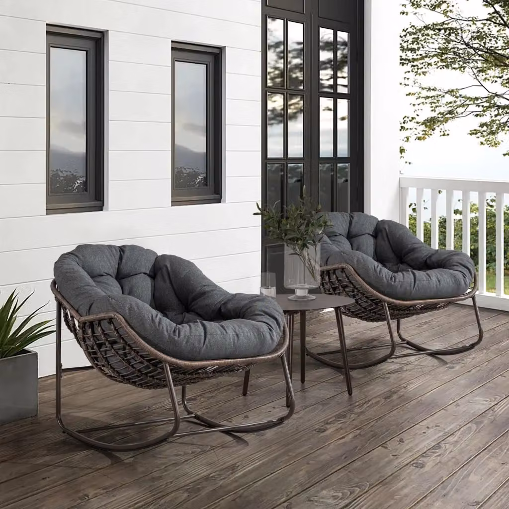Poltrona a dondolo oversize WISHDOR in rattan sintetico e metallo con cuscino, grigio, ideale per giardino, balcone o terrazzo – 2