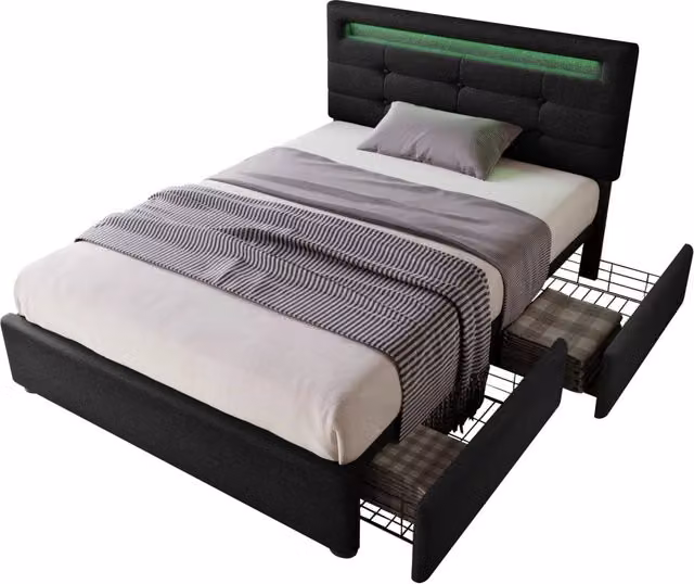 Letto singolo 90 × 200 cm 1 posto con LED regolabile, 2 cassetti e testiera regolabile, senza materasso, nero