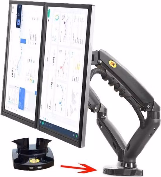 Braccio Ergonomico Duplice Happyment per Sostegno di 2 Monitor, Colore Nero con Porta USB-A