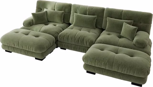Divano angolare modulare in chenille verde vintage con pouf abbinati, trasformabile in letto
