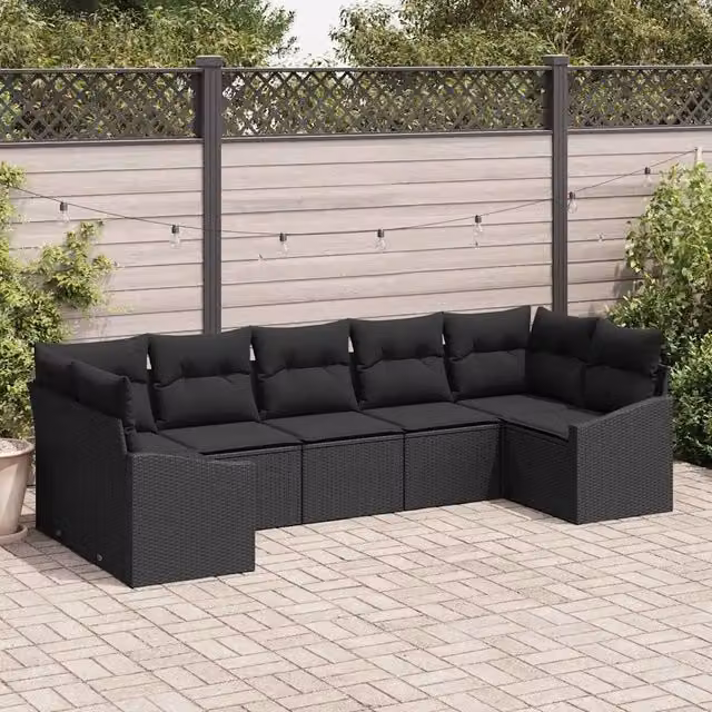 Set di divani da giardino vidaXL 7 pezzi nero con cuscini e tavolino in vetro – 1