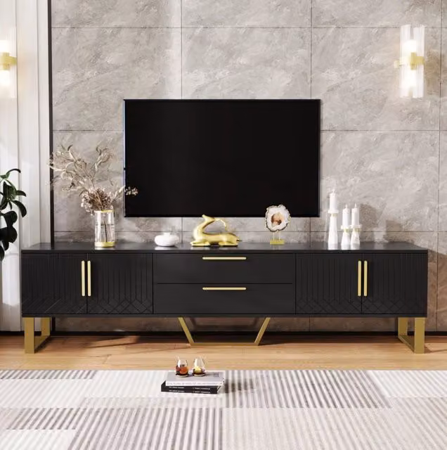 Mobile TV lucido nero in MDF 170x40x53;5 cm con 4 porte e 2 cassetti