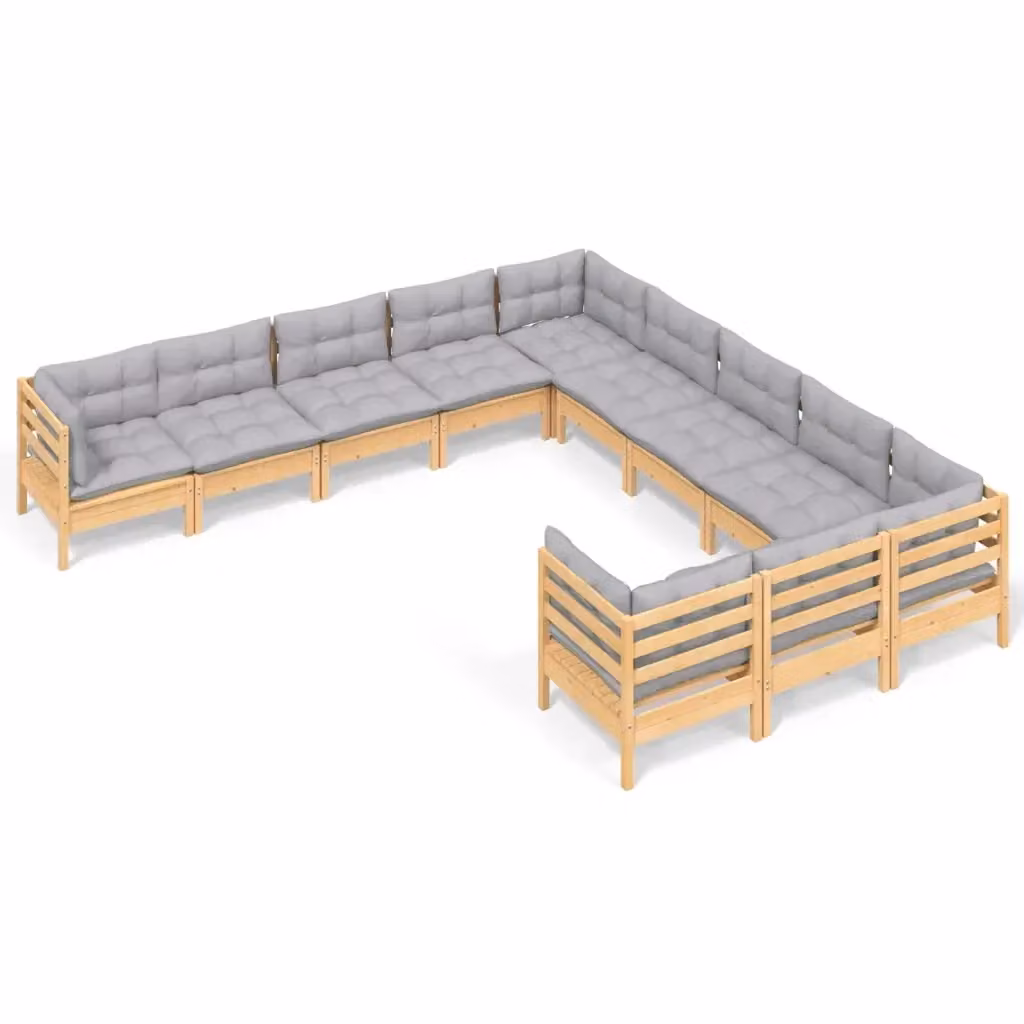 Set di divani da giardino a forma di U vidaXL in legno massello di pino con 11 pezzi e cuscini grigi – 2