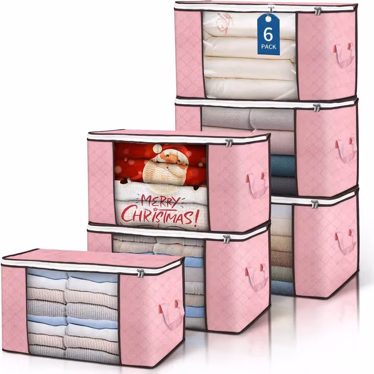 Sacchetti di stoccaggio da 90 litri, pieghevoli, impermeabili alla polvere e con coperchio, confezione da 6 pezzi, colore rosa