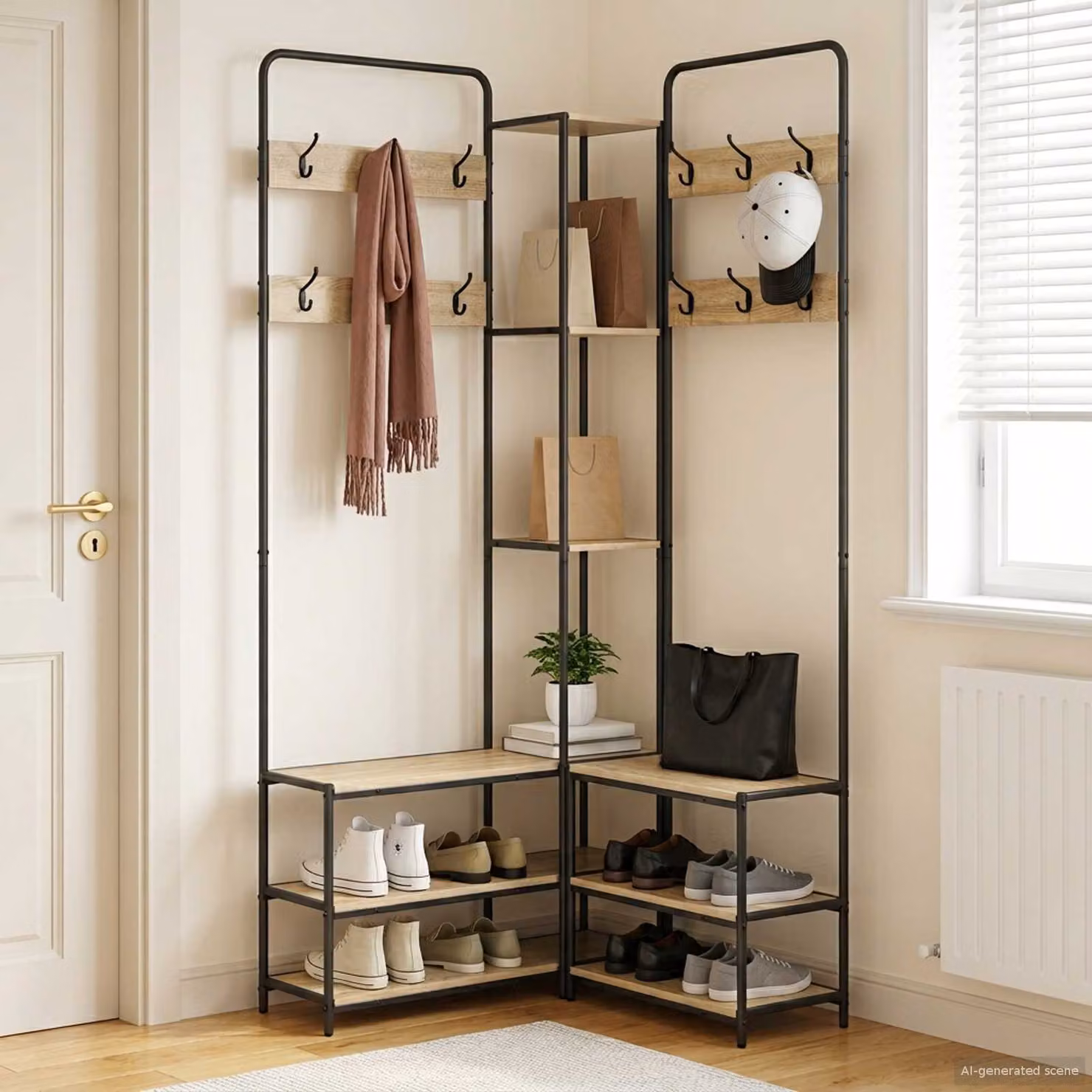 vidaXL Appendiabiti con panca per scarpe in stile industriale, colore marrone e nero, L: 130,0 cm, P: 30,0 cm, H: 199,5 cm