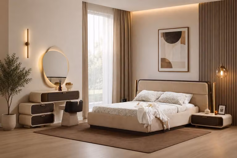 Set per camera da letto: letto, angolo trucco, design moderno, colore beige, confortevole
