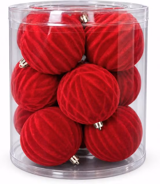 Set 12 palline di Natale vellutate 8 cm, tre trame diverse in ogni confezione, 3 colori disponibili, sfere opache per albero e decorazioni