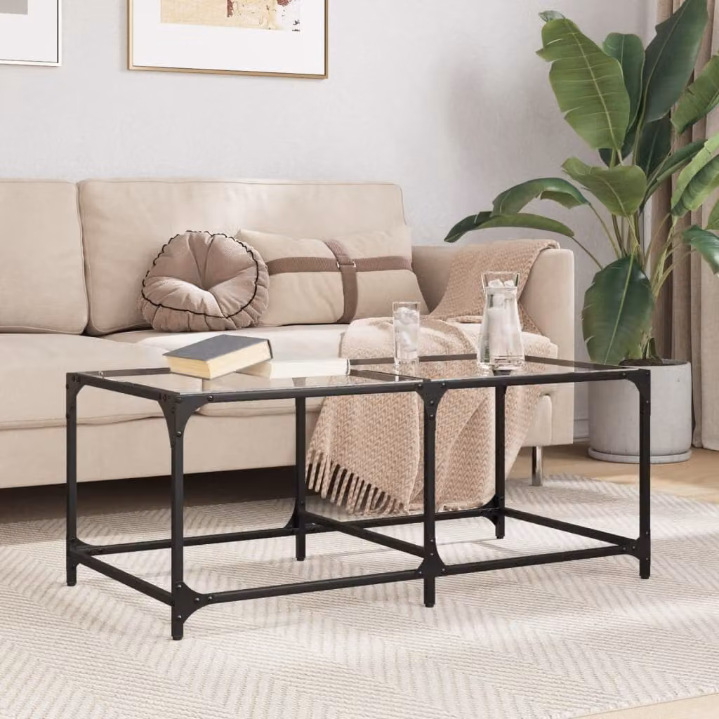 Set di 2 tavolini vidaXL moderni con piano in vetro trasparente e struttura in metallo nero, L/P/H: 98,5 x 50 x 40 cm