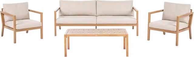 Set da giardino Beliani moderno per 5 persone con struttura in alluminio verniciato a polvere, tavolo da caffè e cuscini in tessuto beige e marrone resistente ai raggi UV