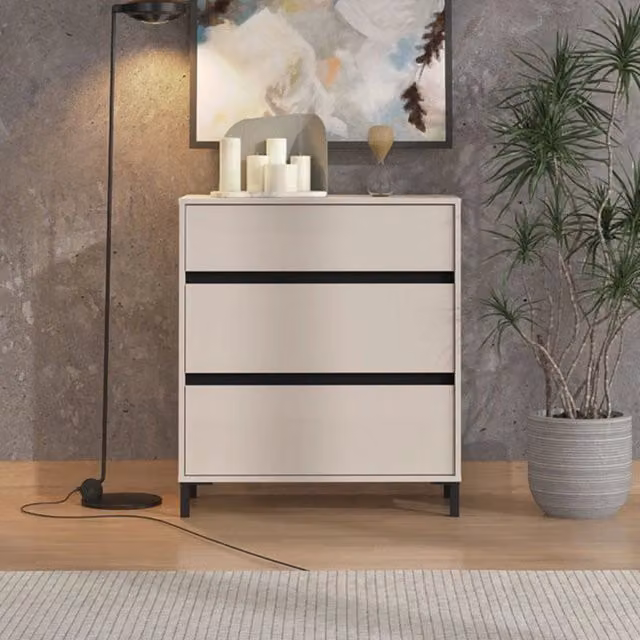 Cassettiera DMORA con 3 cassetti in stile moderno, colore beige, L 80 cm x P 40 cm x H 90 cm