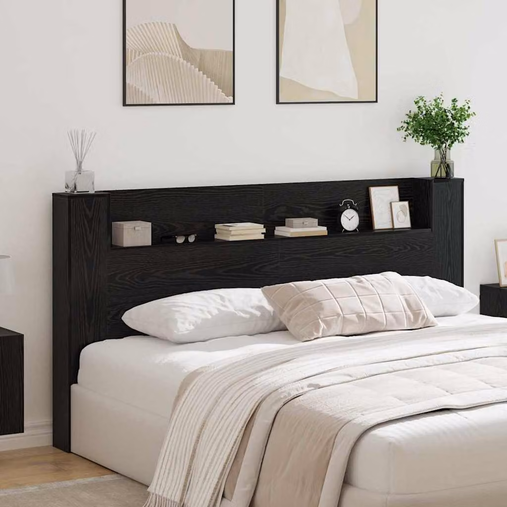 Testiera con stoccaggio vidaXL in legno ingegnerizzato nero con illuminazione LED, mensola e porta USB