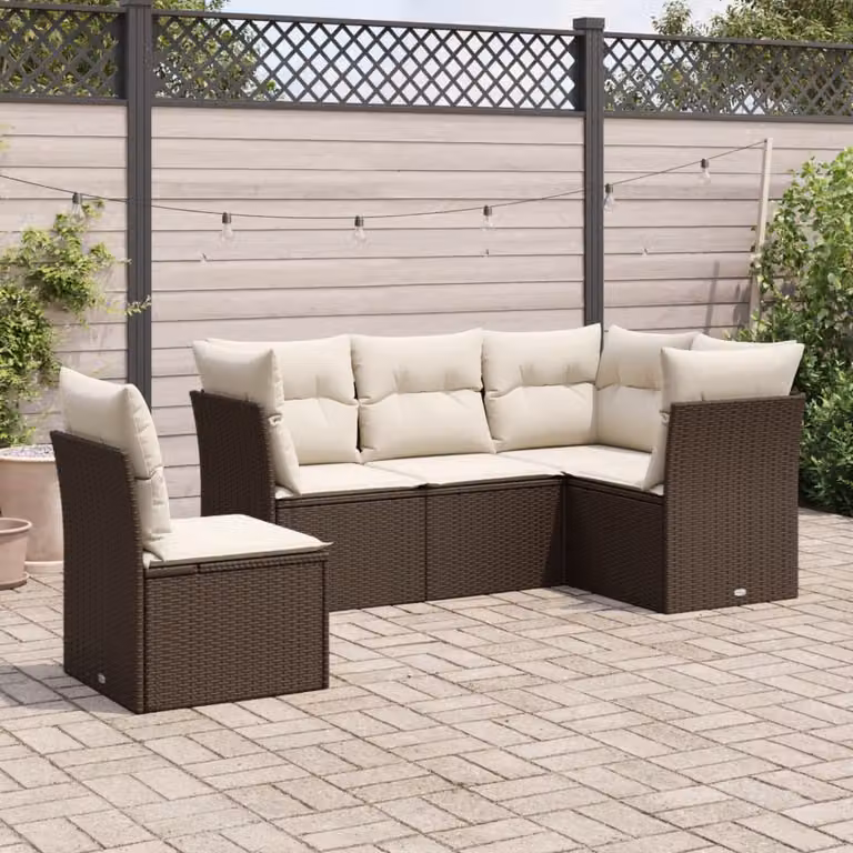 Set Divano da Giardino a L vidaXL 5 pz con Cuscini Marrone e Bianco in Polyrattan e Metallo