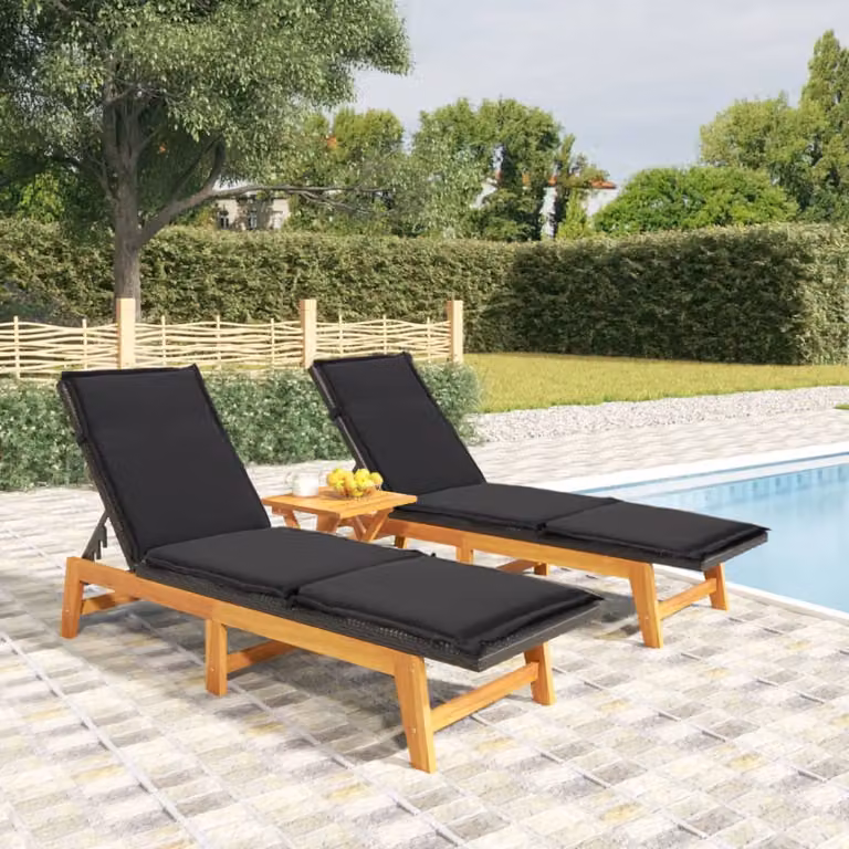 Set di 2 sdraio vidaXL in polyrattan e legno di acacia con cuscini neri e marroni