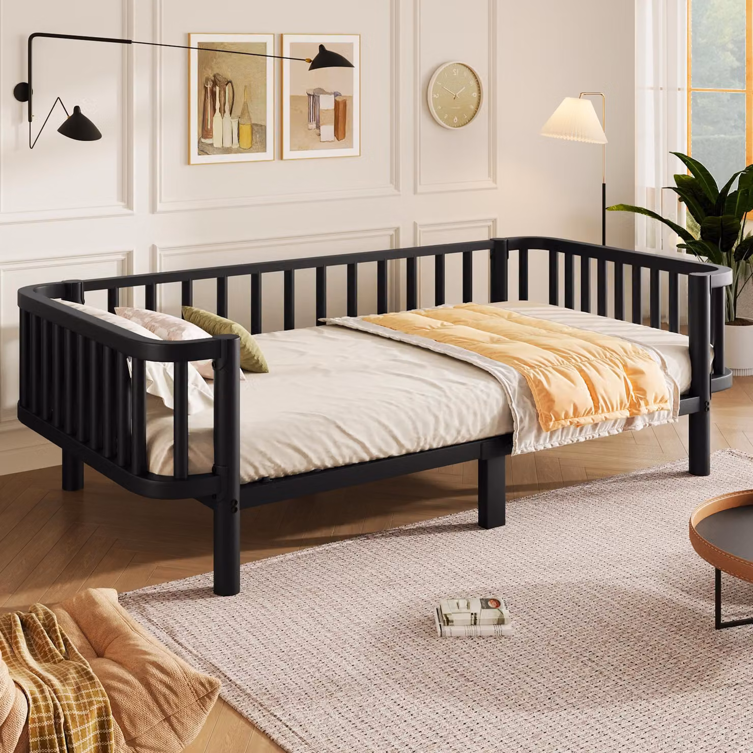 Letto a terra okwish 90x200 con ringhiera di sicurezza, letto singolo con rete a doghe in acciaio, letto per bambini nero, senza materasso