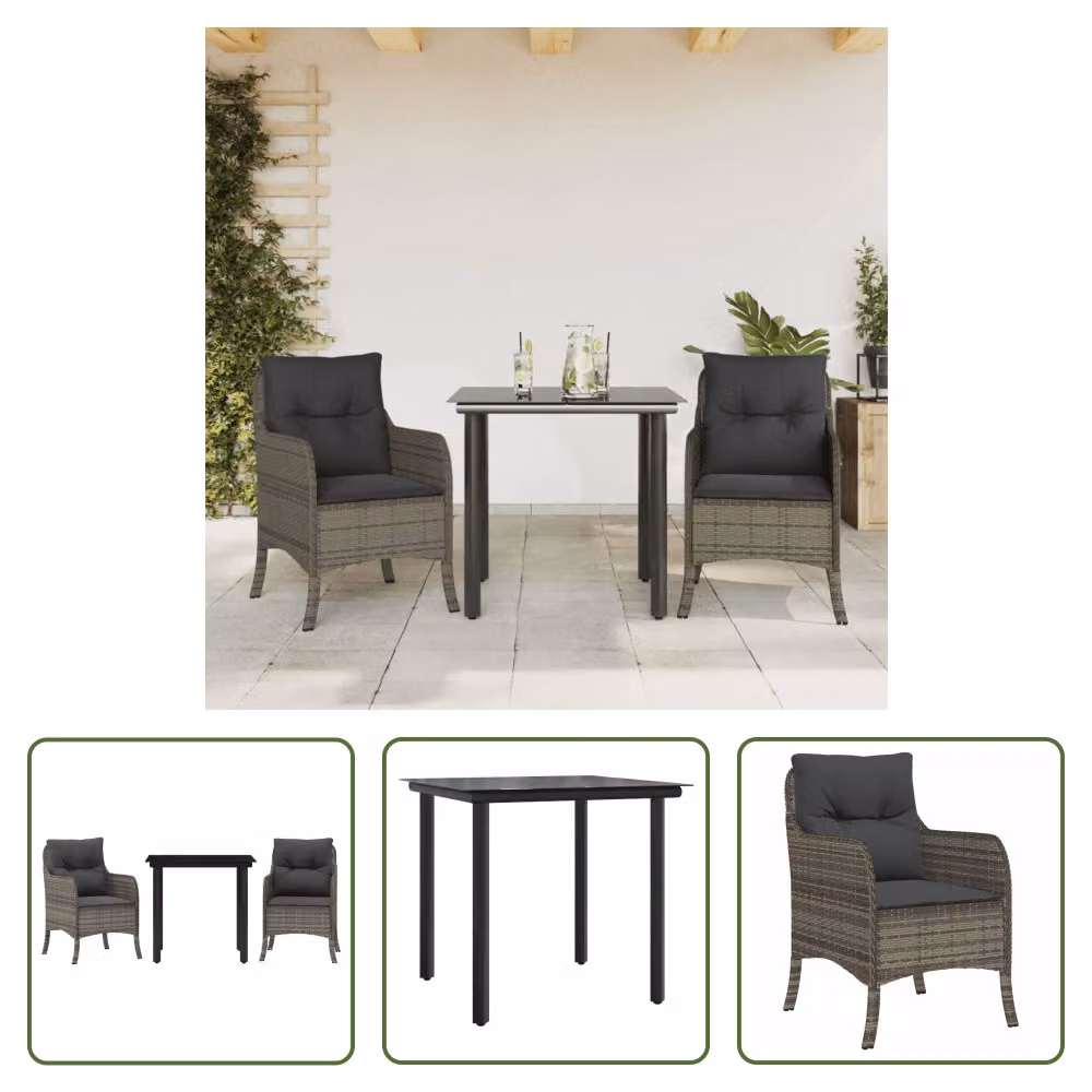 The Living Store Set da pranzo da giardino in 3 pezzi con cuscini in poly rattan grigio