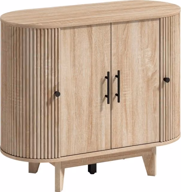 Buffet in MDF effetto rovere con 4 porte, ripiani regolabili e struttura in acciaio 90x40x76 cm