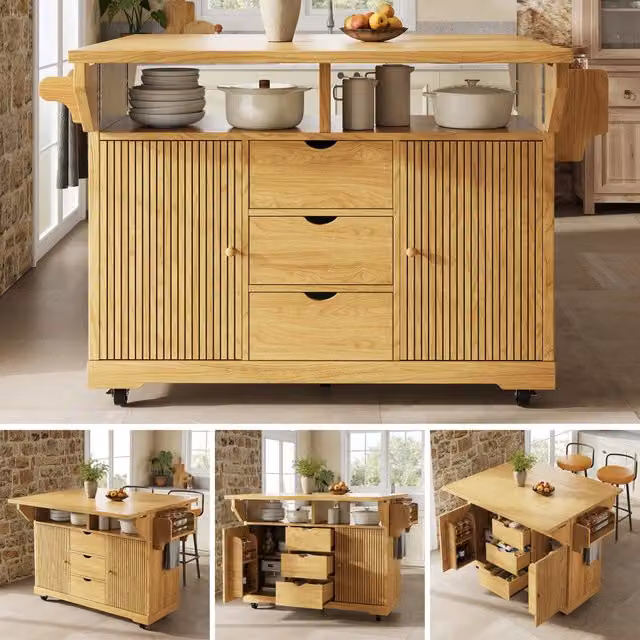 Carrello servitore con estensioni ribaltabili; altezza ergonomica 95 cm; 3 cassetti; marrone naturale