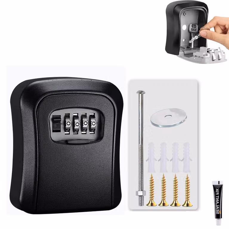 Cassaforte per chiavi con serratura a combinazione – Codice a 4 cifre – Scatola portachiavi per esterni – Resistente alle intemperie – Completa di viti e adesivo – 11,7x9,7x4 cm – Colore nero