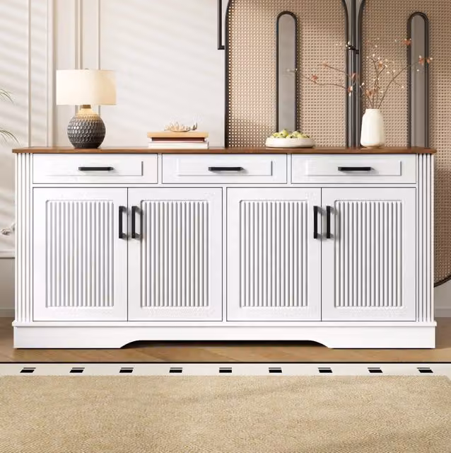Credenza ULEVR 160x40x75 cm con 4 ante a rilievo e 3 cassetti, mobile contenitore in MDF bianco