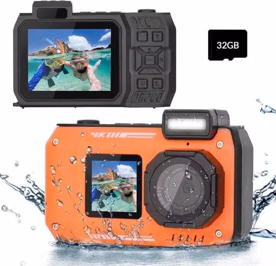 Fotocamera subacquea arancione, impermeabile fino a 10 metri, touchscreen, funzione selfie, autofocus da 48 MP, fotocamera subacquea digitale per principianti