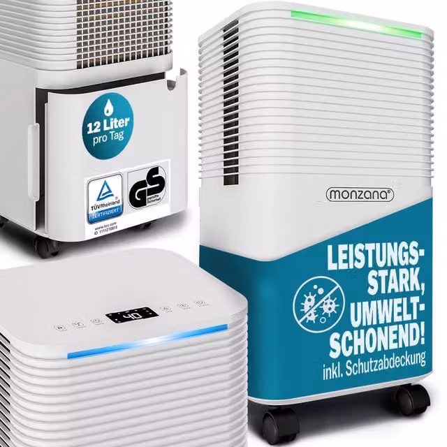 Deumidificatore elettrico monzana® bianco con capacità 12L, timer 24 ore, modalità auto, sleep e scarico continuo, L: 44,5 cm, P: 25,5 cm, H: 22 cm – 1