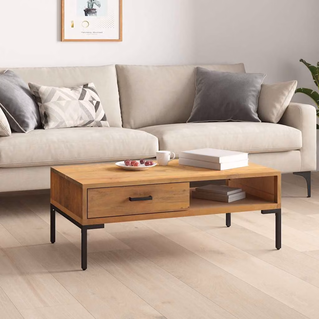 vidaXL Tavolino da Salotto Rettangolare in Legno di Pino e Metallo, Stile Industrial, Marrone, L 90 x P 50 x H 35 cm